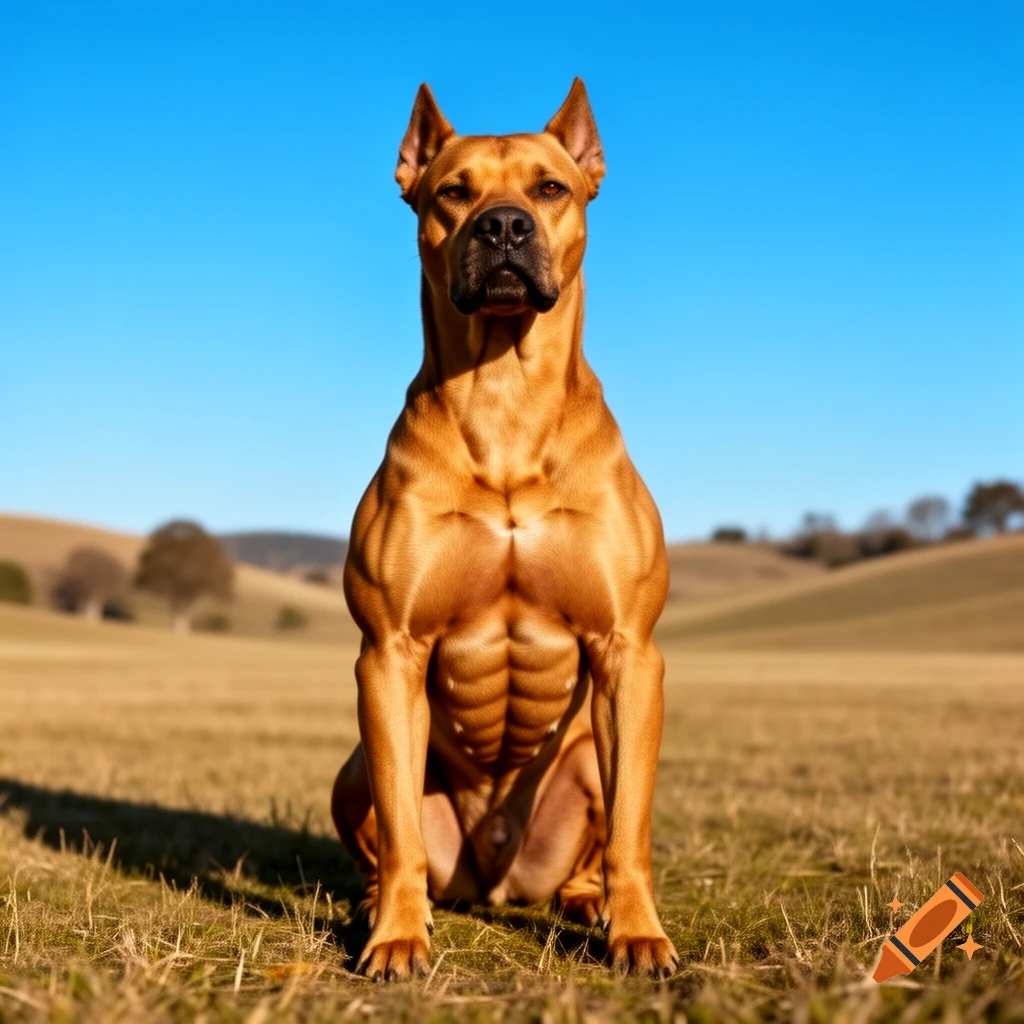 A muscular brown dog with prominent abs sits in a field under a clear blue sky, looking directly forward.