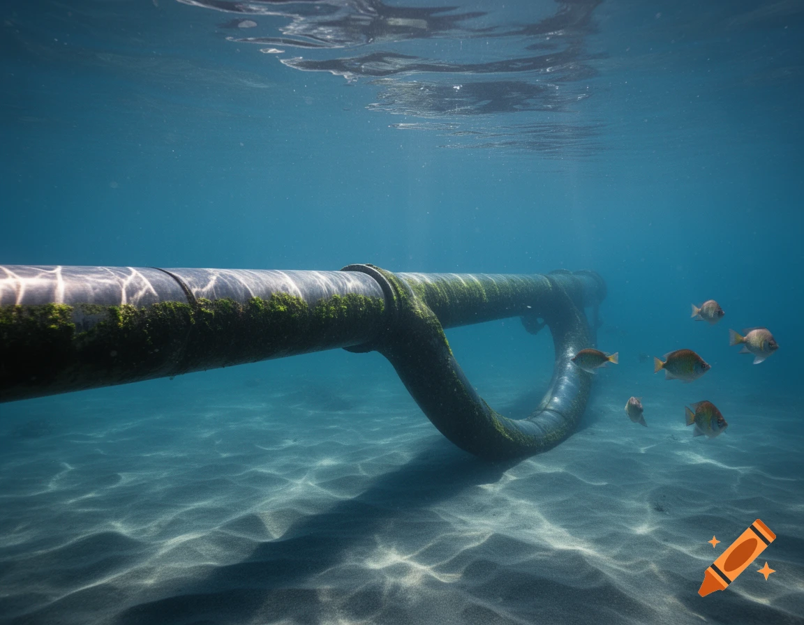 A thick, moss-covered underwater pipeline snakes across a sandy seabed with fish swimming nearby, under dappled sunlight.