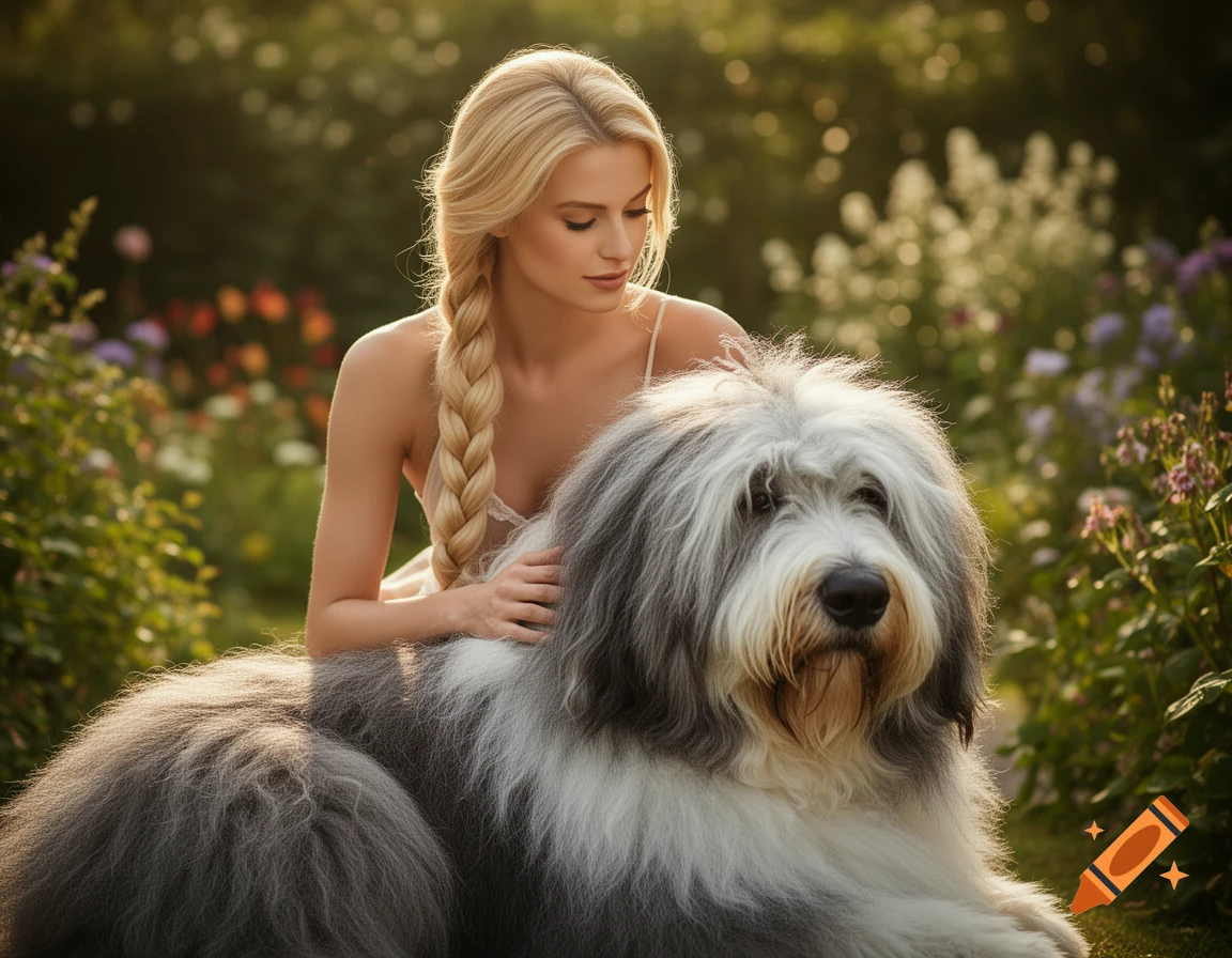 A photorealistic image of a blonde woman with a braid petting a large Old English sheepdog in a sunny garden.