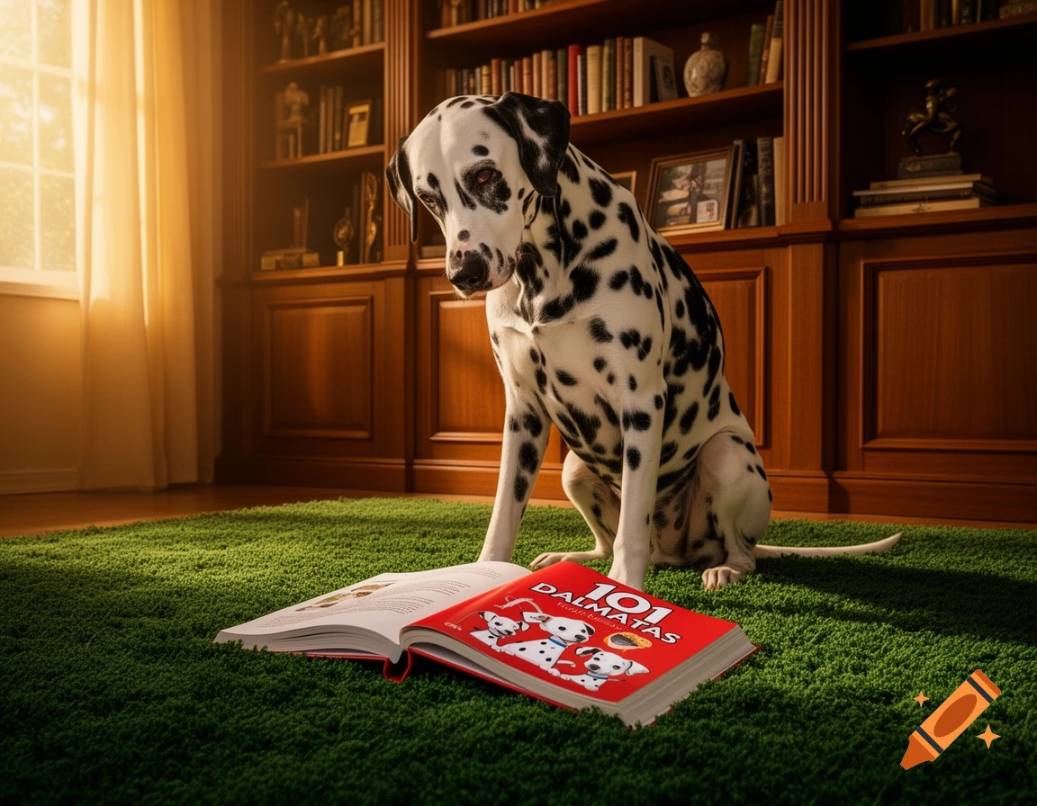A photorealistic image of a Dalmatian dog sitting on a green carpet, looking at an open book titled "101 Dalmatians" in a sunlit library.