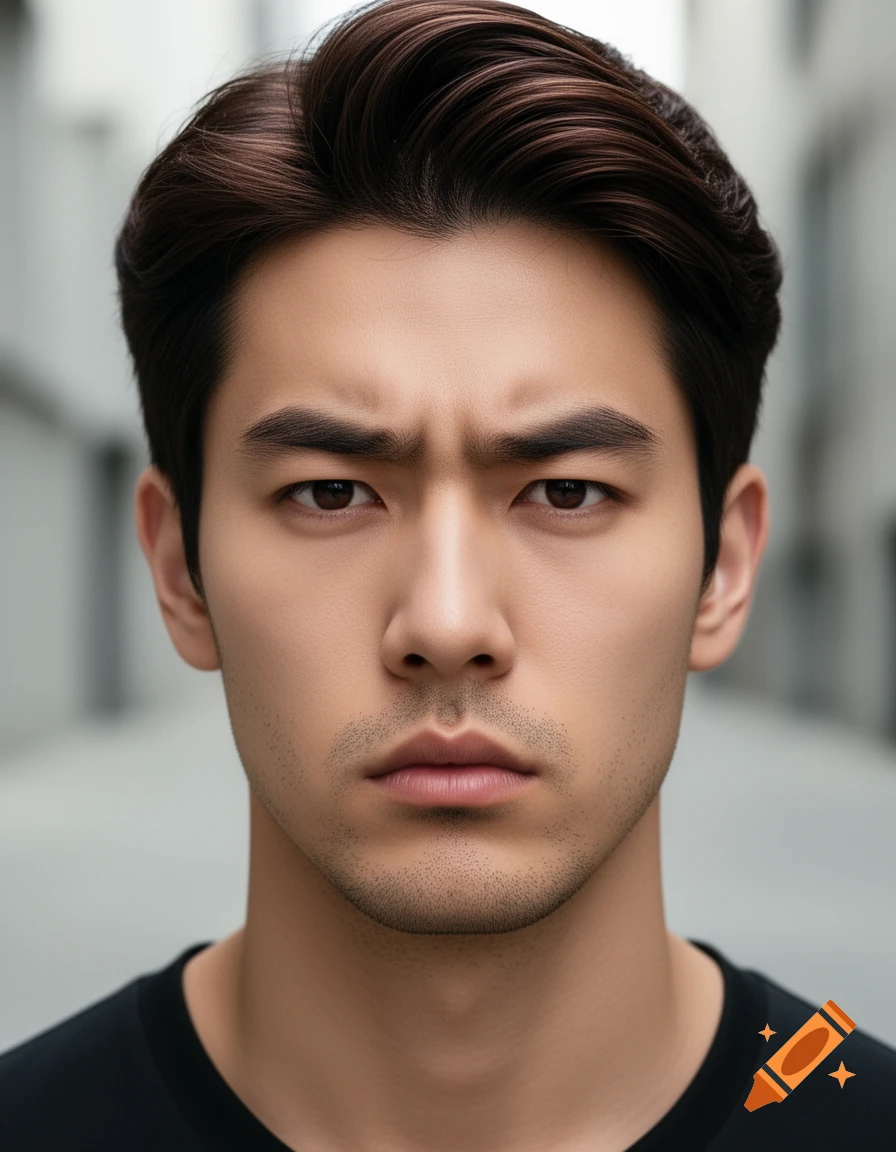 Close-up photorealistic portrait of a young man with dark hair, stubble, and an unimpressed, stoic expression.