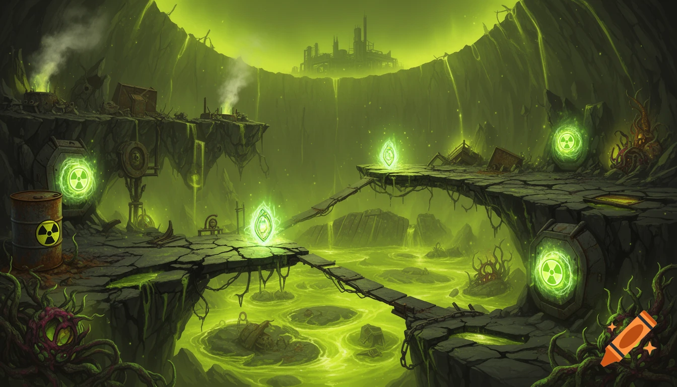 A detailed digital painting of a radioactive video game level in a glowing green crater with platforms, toxic pools, barrels, and glowing magical cores.