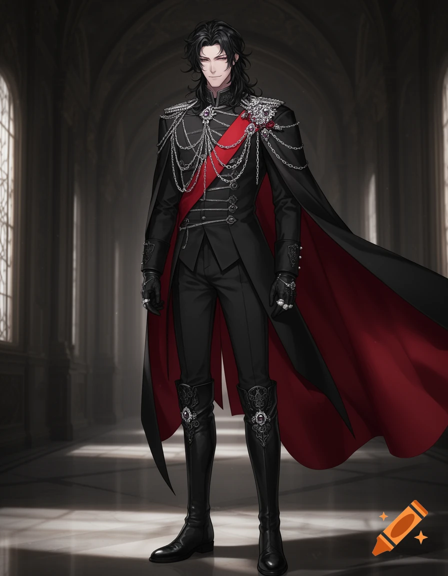 A tall male gothic prince with black hair, wearing an elegant black military tailcoat, silver chains, red sash, and red-lined cape, stands in a royal palace hallway.