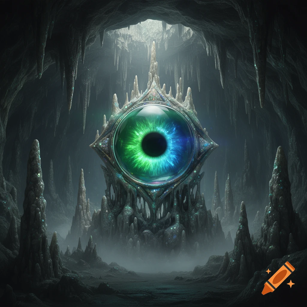 A colossal, glowing green and blue eye sits in an ornate, crystalline structure inside a dark, mystical cave filled with ice formations.