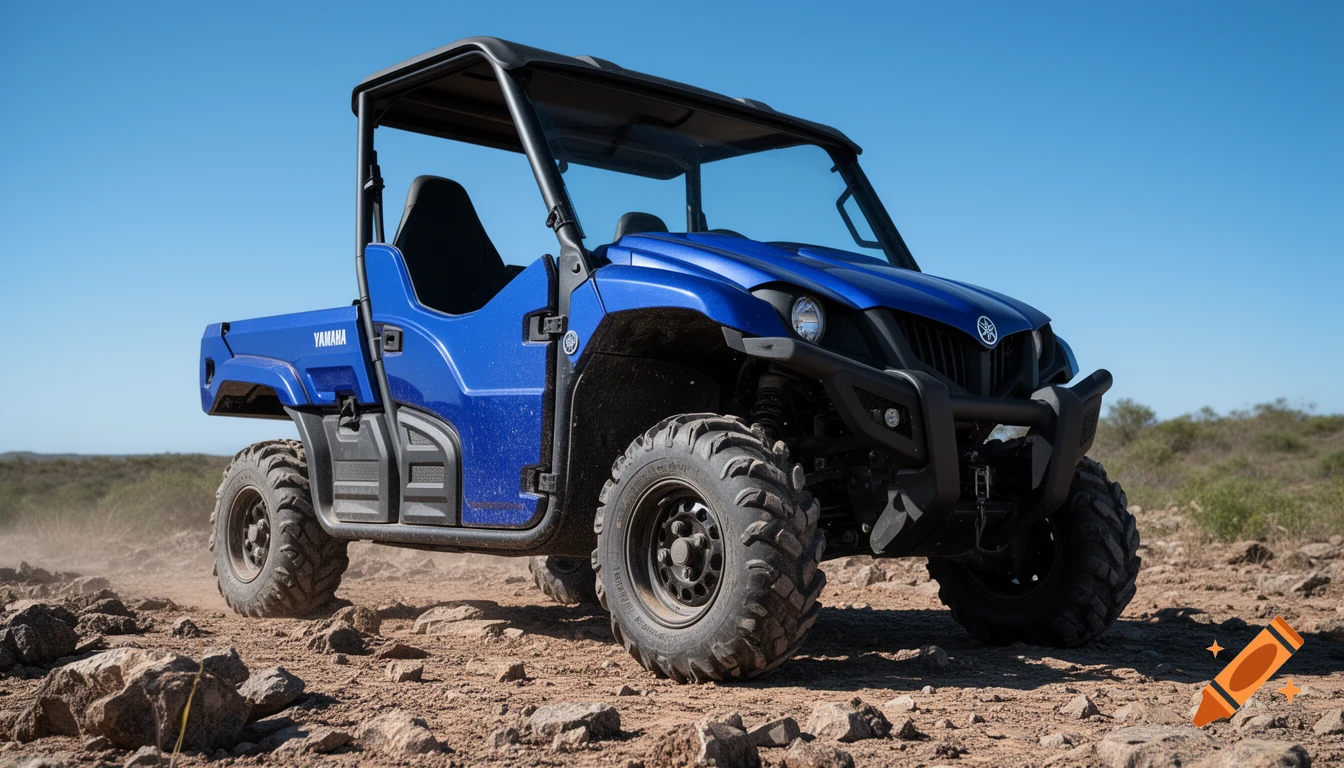 A bright blue Yamaha Wolverine 4x4 UTV drives over rocky terrain under a clear blue sky, kicking up dust.