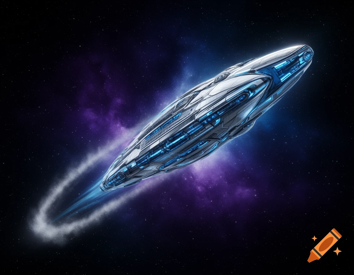 A sleek, futuristic silver and blue spaceship with glowing accents flies through deep space with purple and blue nebulae.