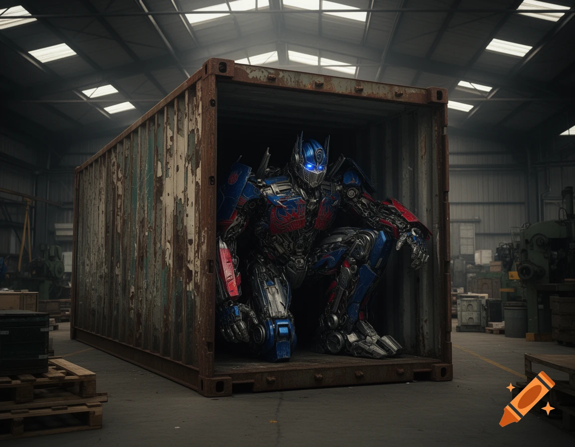Photorealistic Optimus Prime robot crouches inside a rusty shipping container within a dimly lit warehouse.
