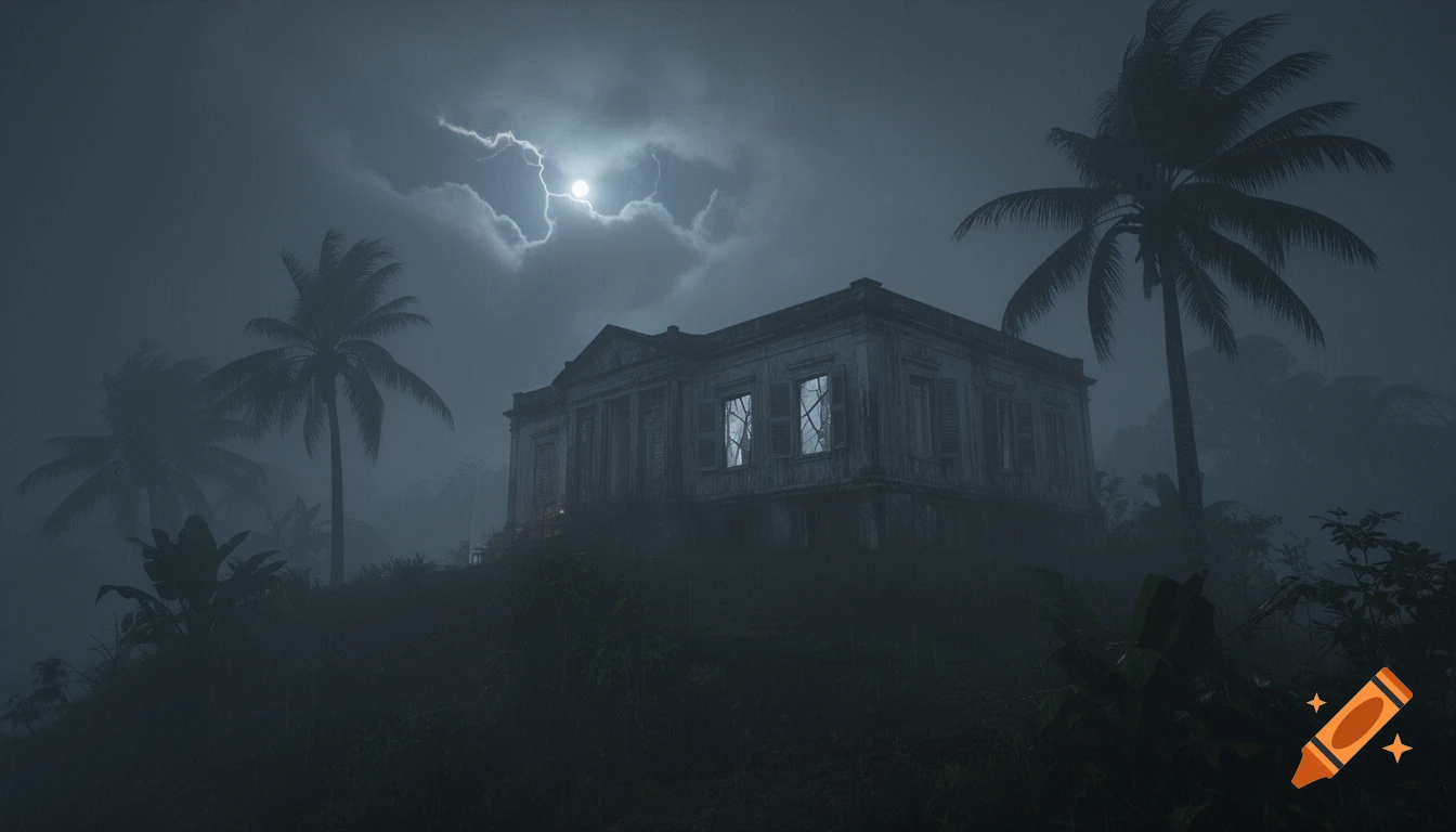 A haunted colonial mansion on a hill with glowing windows, surrounded by palm trees under a stormy, lightning-filled night sky.