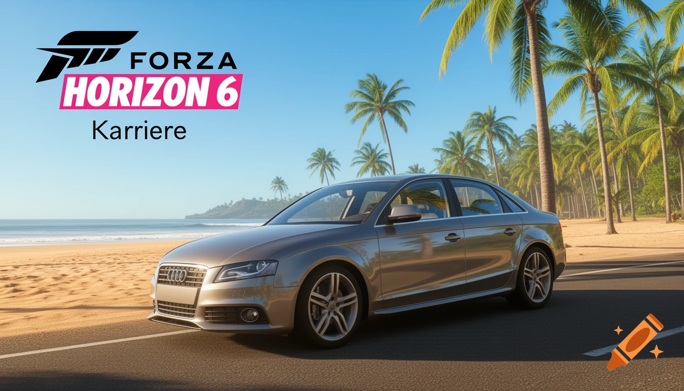 A beige Audi A4 B8 parked on a road next to a sandy beach with palm trees. The Forza Horizon 6 logo with "Karriere" text is in the upper left corner.