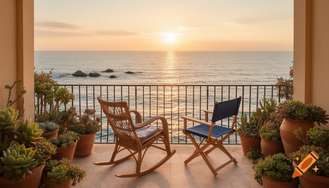 Balcony overlooking the Adriatic Sea at sunset with a wicker rocking chair, a blue director's chair, and potted succulents.