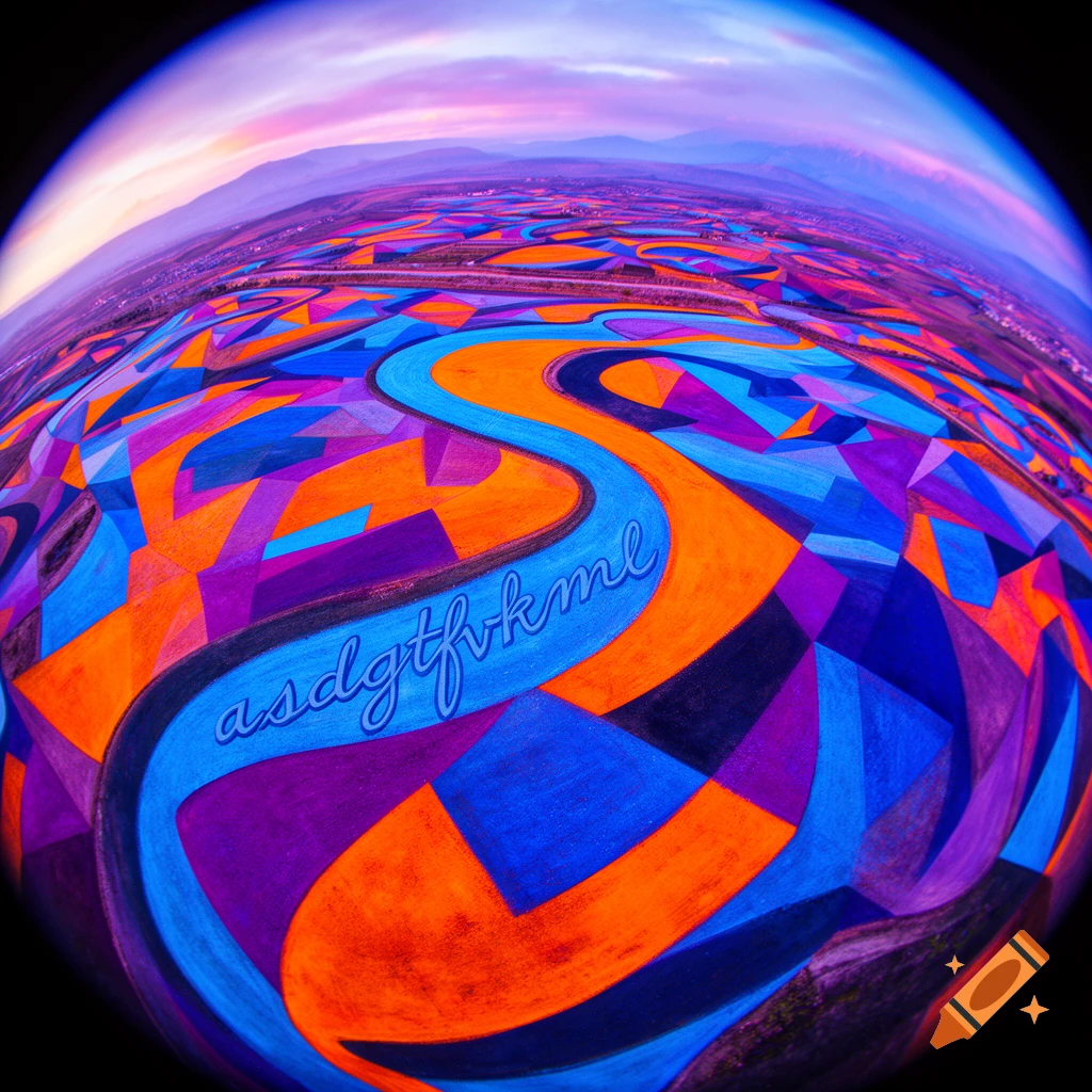 A vibrant, abstract landscape with geometric fields in orange, blue, and purple, featuring a winding blue river with the text "asdgtfvkml," viewed through a fisheye lens under a colorful sky.