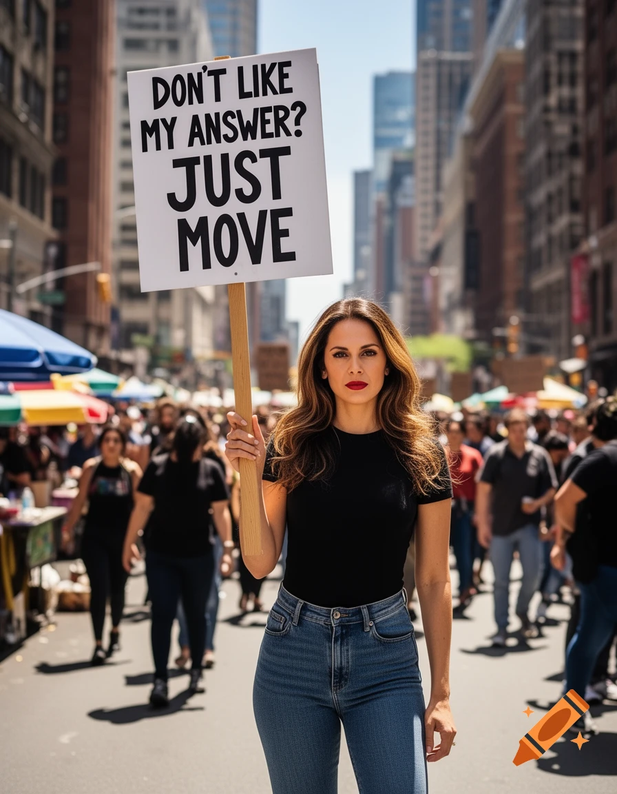 A photorealistic image of a woman holding a protest sign that reads "DON'T LIKE MY ANSWER? JUST MOVE" on a busy city street.
