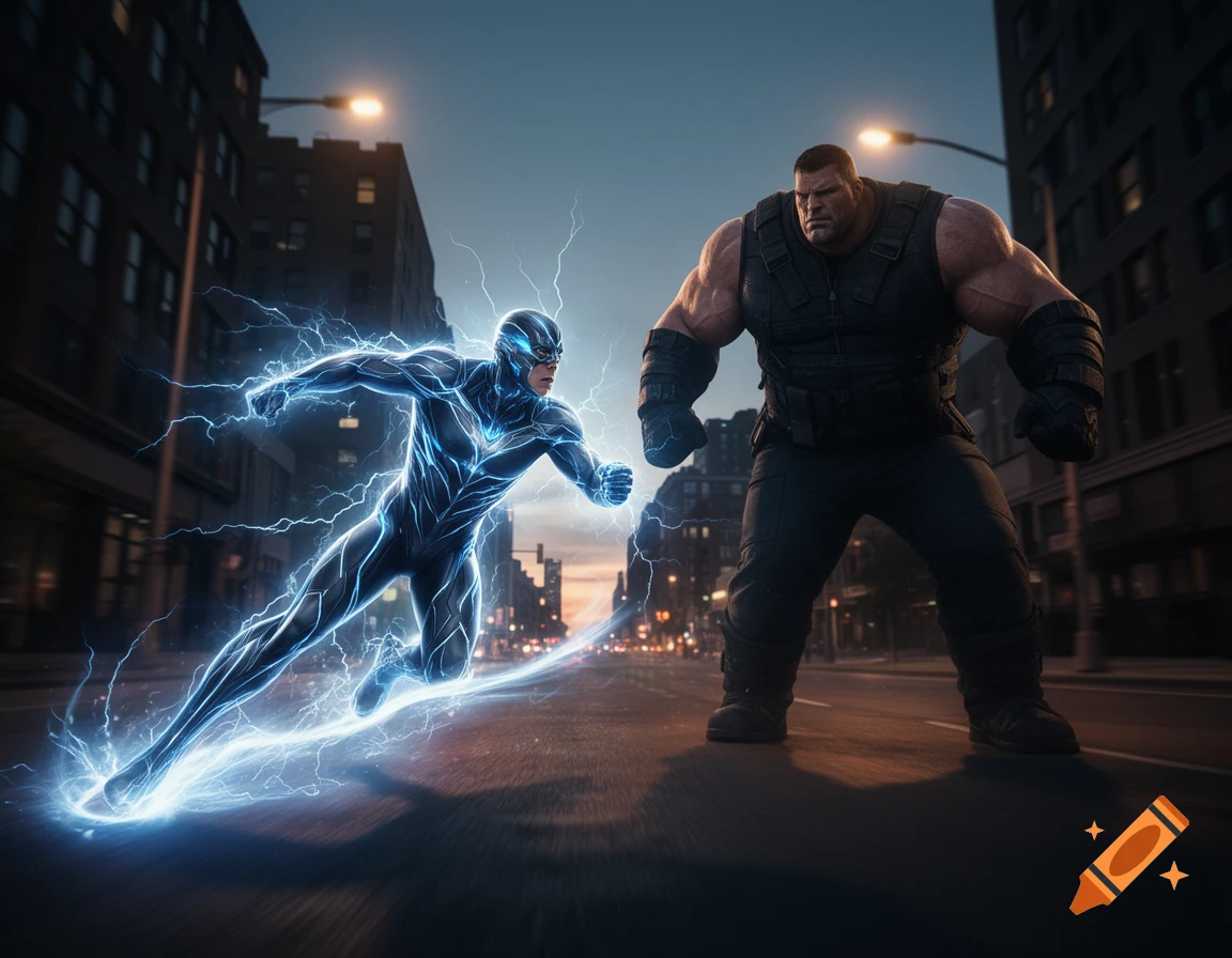 A photorealistic image of an electric superhero charging at a large, muscular thug on a city street at dusk.