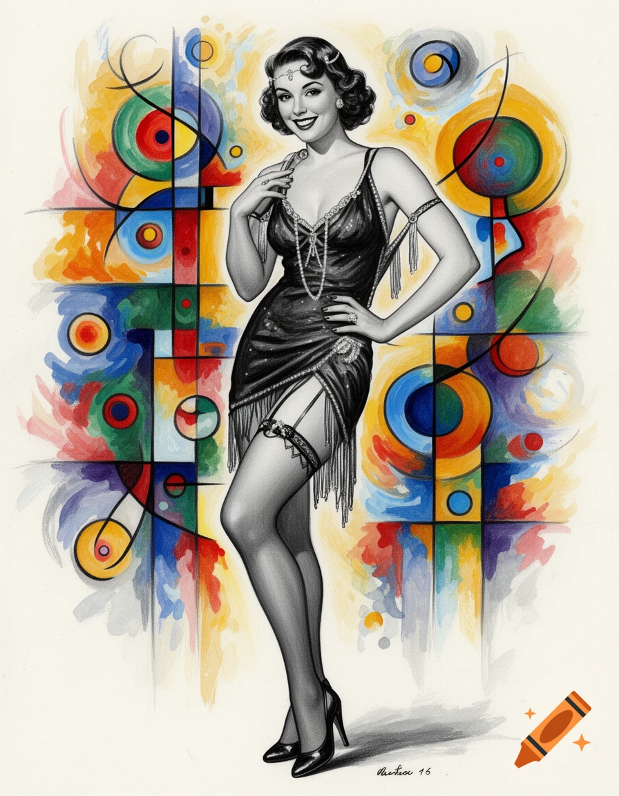 1920s flapper pin-up woman in a black dress, stockings, and garter, against a vibrant abstract background in the style of Kandinsky.