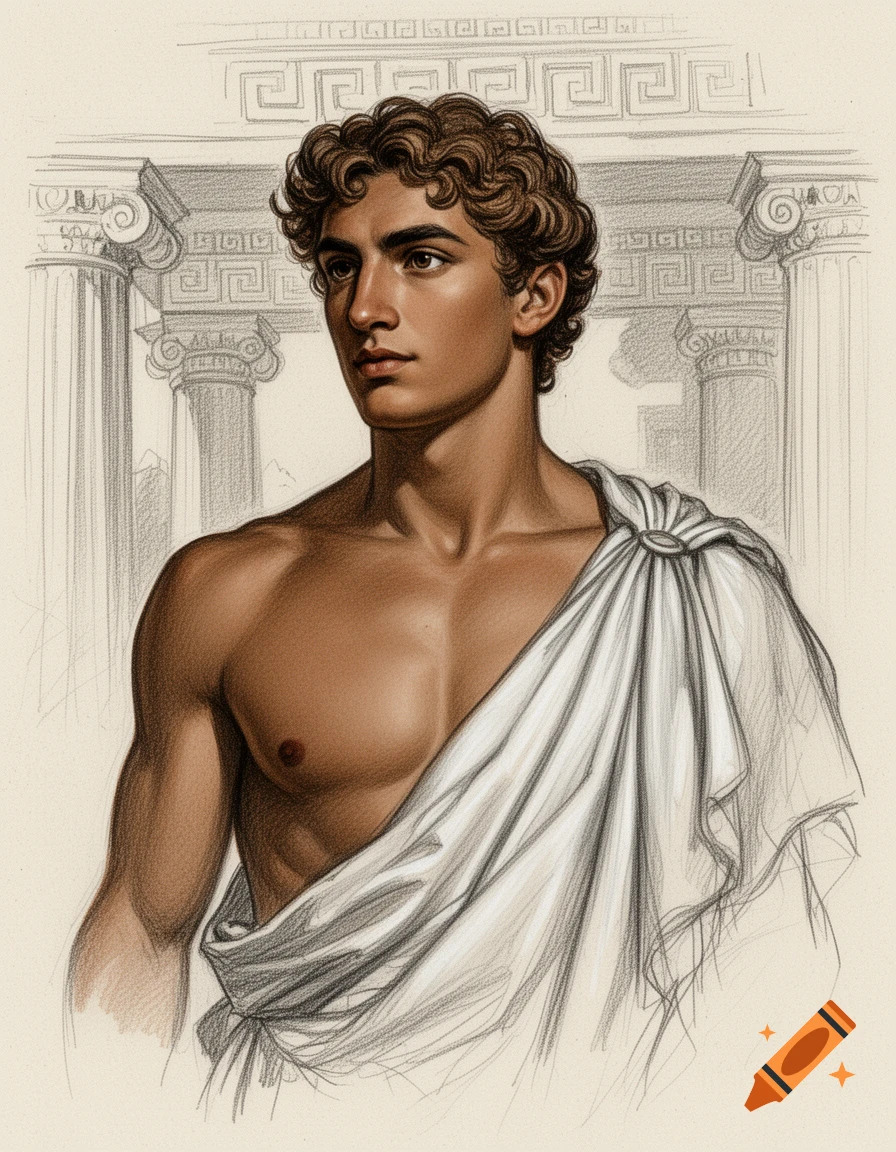 A classical drawing of a young man with curly brown hair and olive skin, wearing a white toga, against a background of Greek columns.