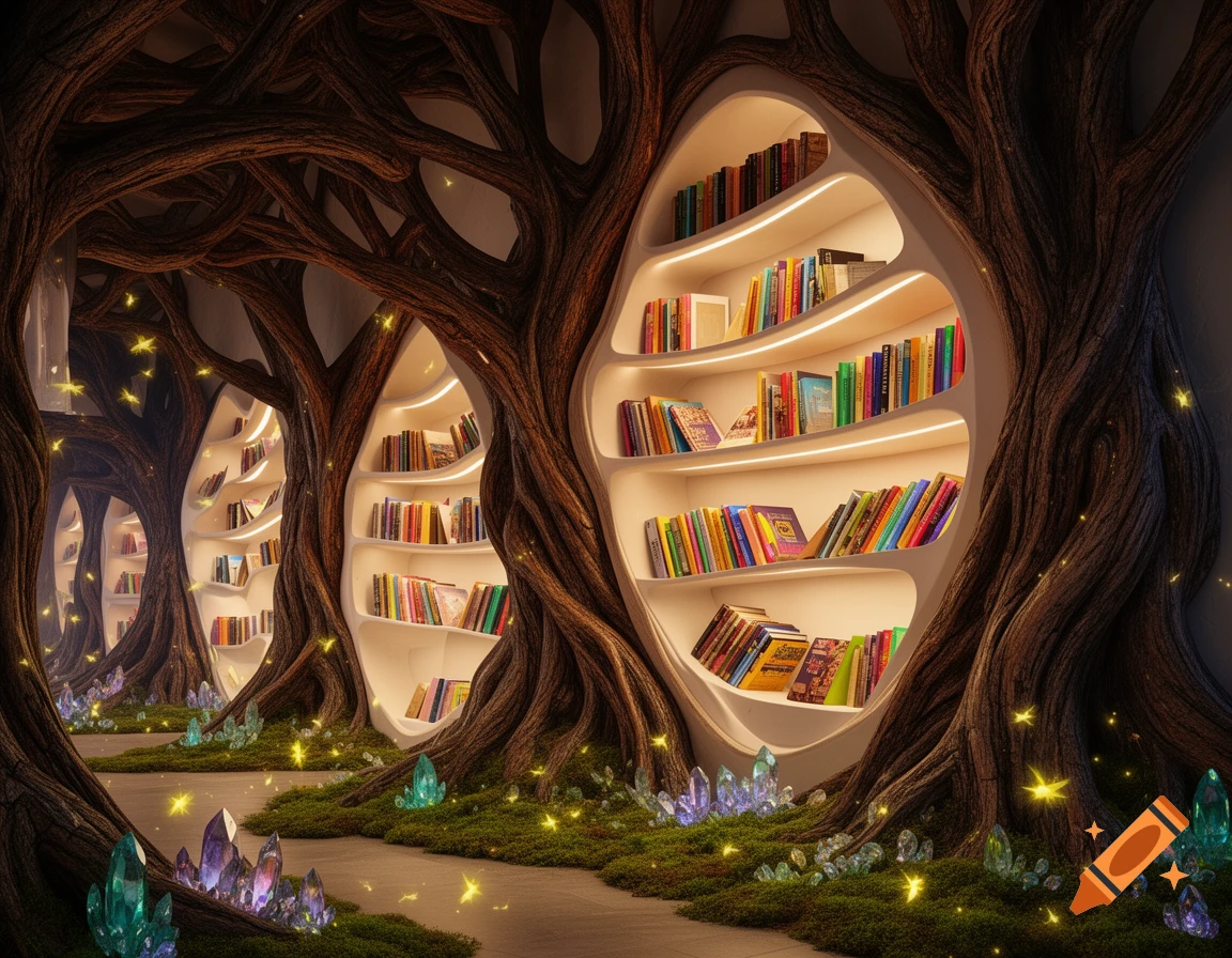 A magical fantasy library where glowing bookshelves are carved into large, gnarled tree trunks, surrounded by moss, crystals, and fireflies.