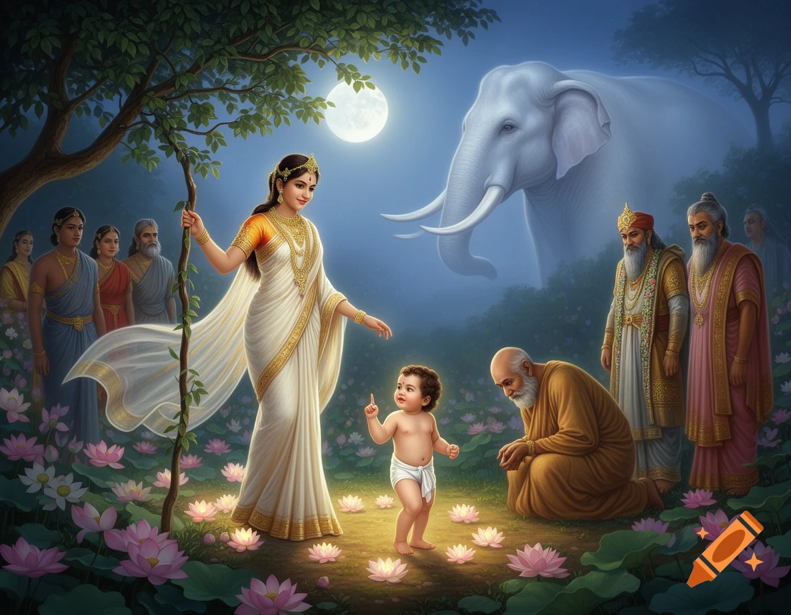 Queen Mahamaya and baby Buddha on lotus flowers, watched by figures and a white elephant under a full moon in a mystical park.