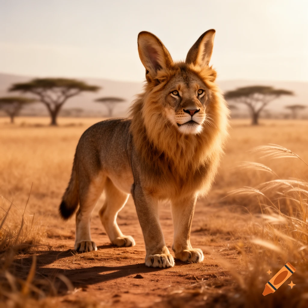A photorealistic lion with large rabbit ears stands in a sunlit African savanna with acacia trees in the background.