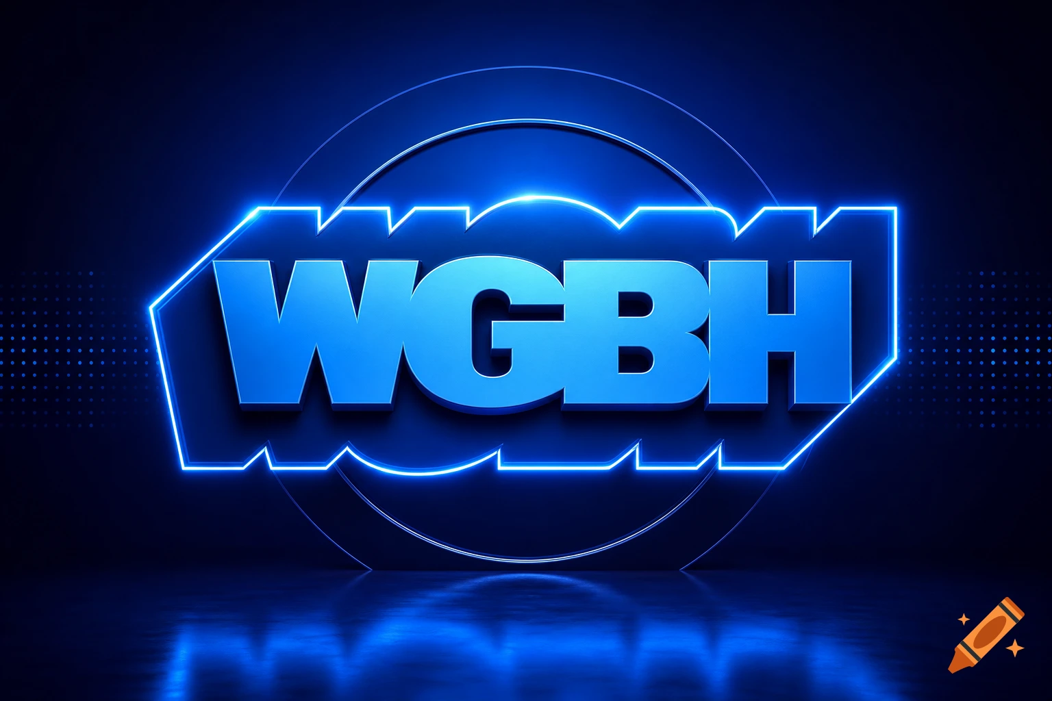 A glowing 3D blue neon 'WGBH' logo on a dark, reflective surface.