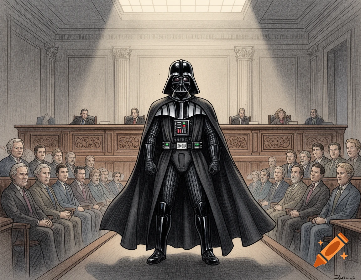 Darth Vader stands dramatically in the center of a courtroom full of seated people, rendered in a detailed illustration style.