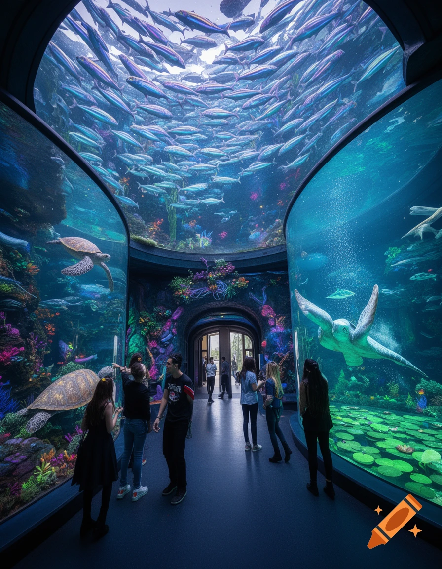 People look at schooling fish and large sea turtles in a large, modern aquarium with curved glass walls and ceiling.
