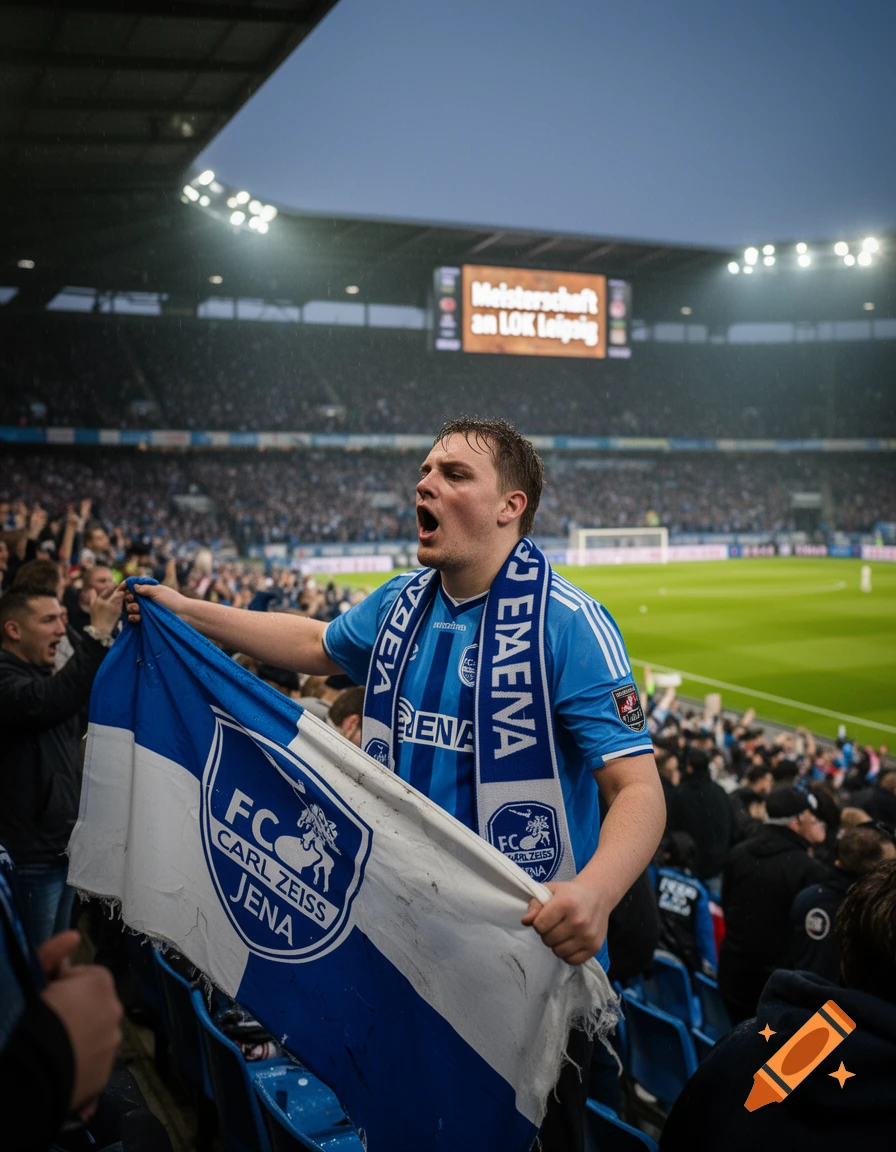 A passionate FC Carl Zeiss Jena football fan cheers with his team's flag in a stadium, 'Meisterschaft an LOK Leipzig' on screen.