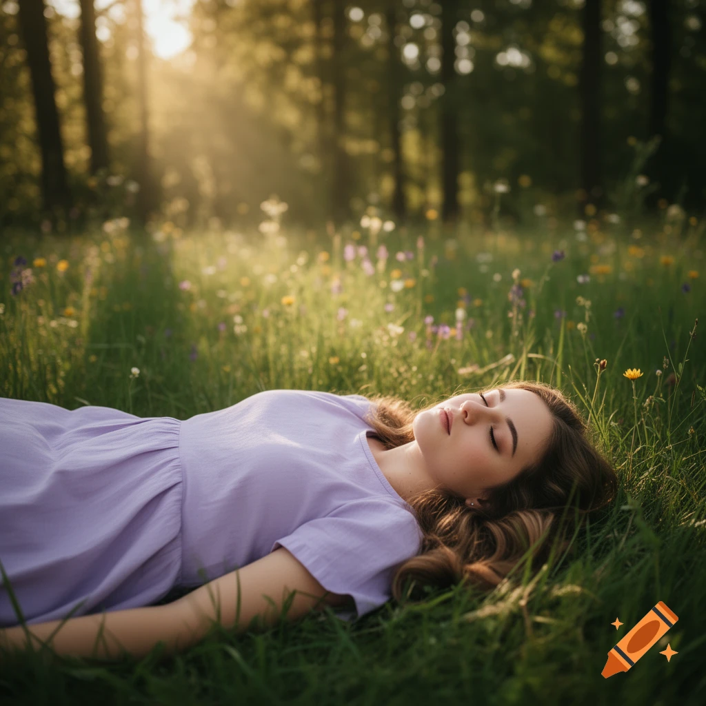 A young woman in a lavender dress lies eyes closed in a sunny green meadow with wildflowers, forest in the background.