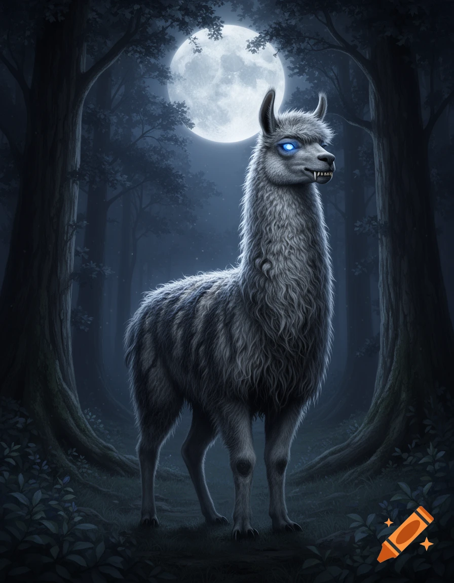 A grey, furry creature resembling a llama with glowing blue eyes and fangs stands in a dark forest under a bright full moon, fantasy art style.