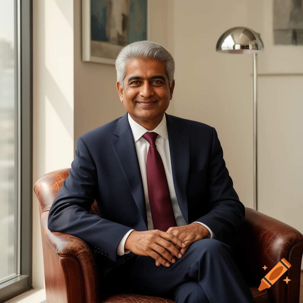 A smiling man with gray hair in a blue suit and red tie sits in a brown leather armchair.