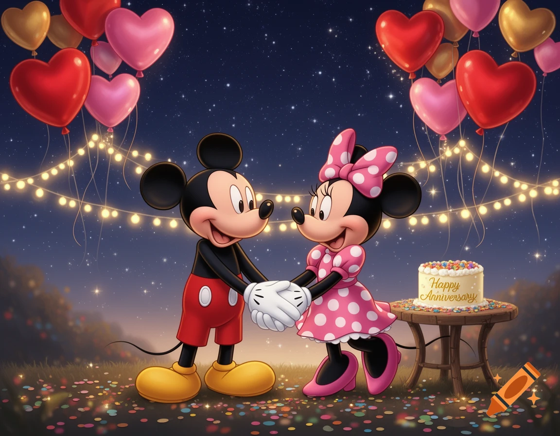 Mickey and Minnie Mouse hold hands under heart balloons and string lights at night, celebrating an anniversary with cake.
