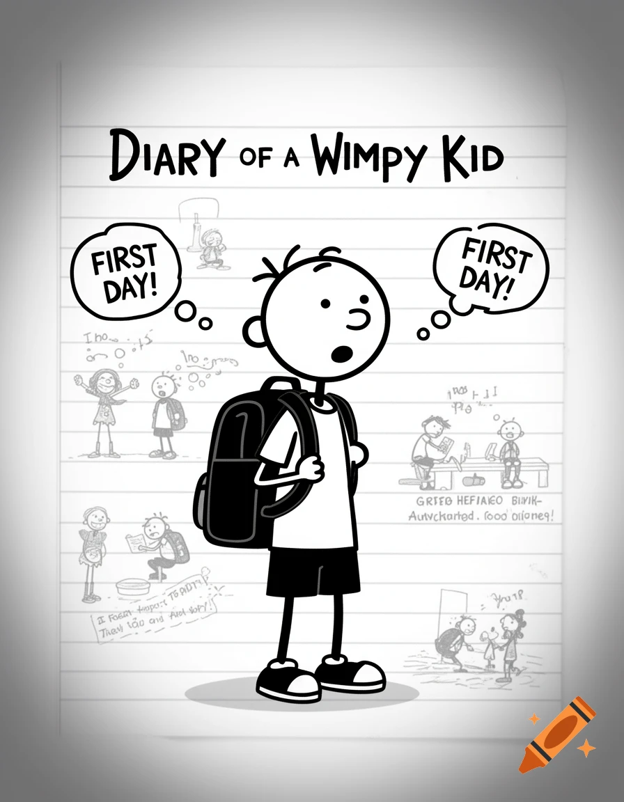 A cartoon of Greg Heffley from Diary of a Wimpy Kid with a backpack, thinking "FIRST DAY!". Smaller drawings of school scenes surround him.