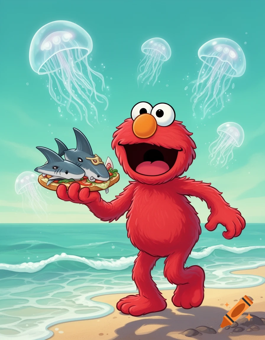 Cartoon Elmo on a beach, holding a sandwich with shark fins, with jellyfish floating in the sky.