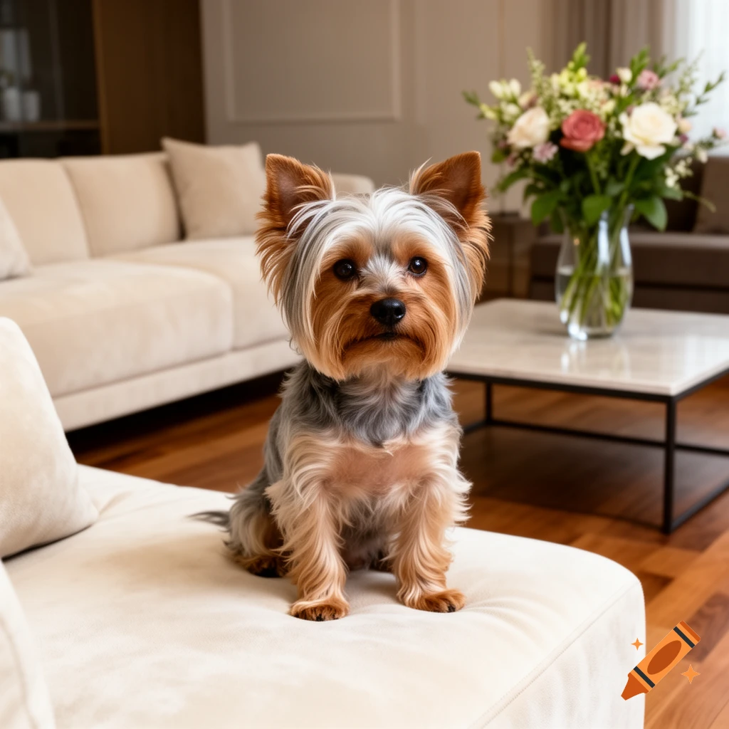 A photorealistic image of a Yorkshire Terrier sitting on a cream-colored sofa in a living room.