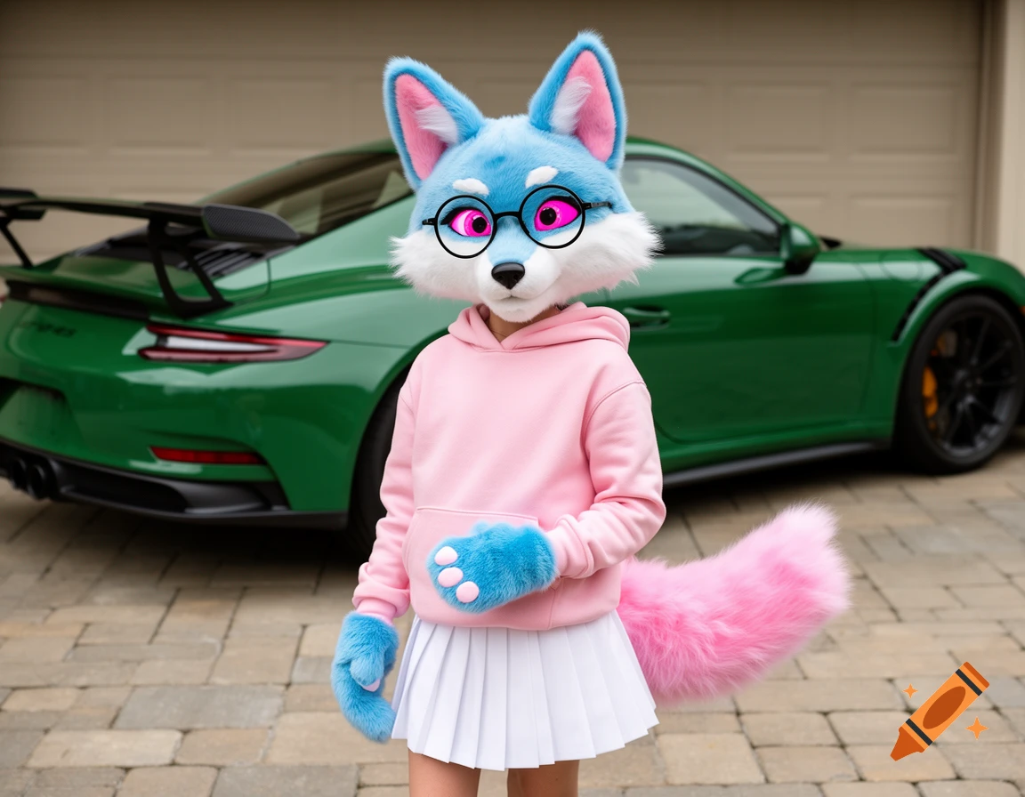 A person in a baby blue fox fursuit head, pink hoodie, white skirt, blue paws, and pink tail stands in a driveway with a green Porsche 911 GT3 RS.