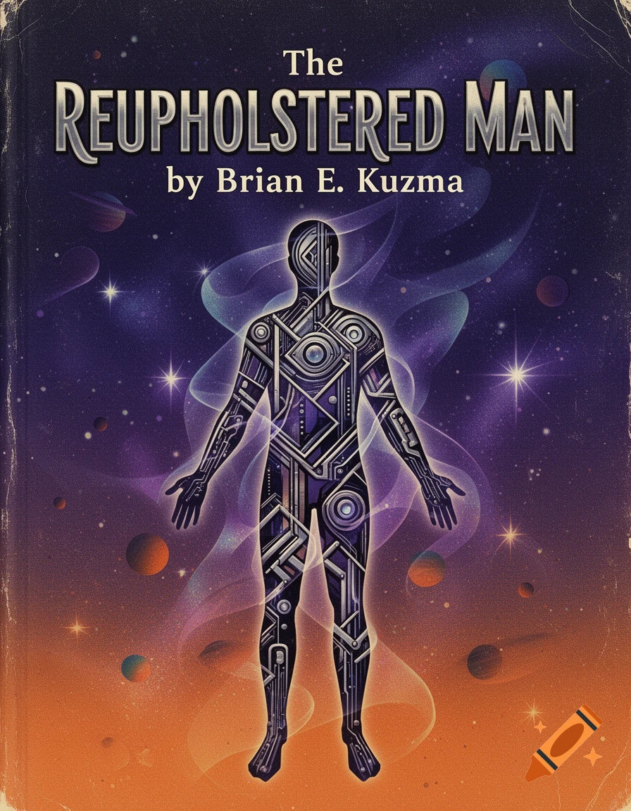 A retro science fiction book cover titled 'The Reupholstered Man' by Brian E. Kuzma, featuring a stylized humanoid figure with circuitry in a cosmic, starry background with planets.