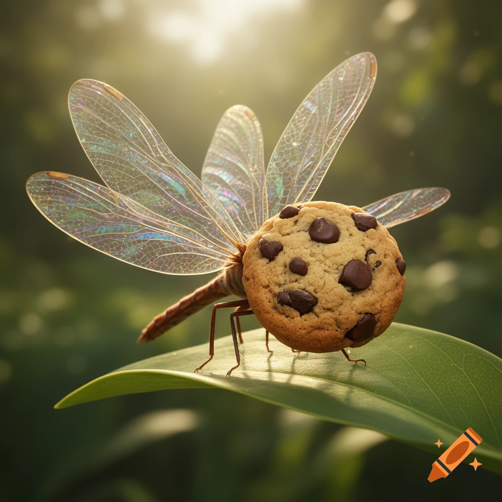 A close-up of a whimsical dragonfly with a chocolate chip cookie for a body, resting on a green leaf.