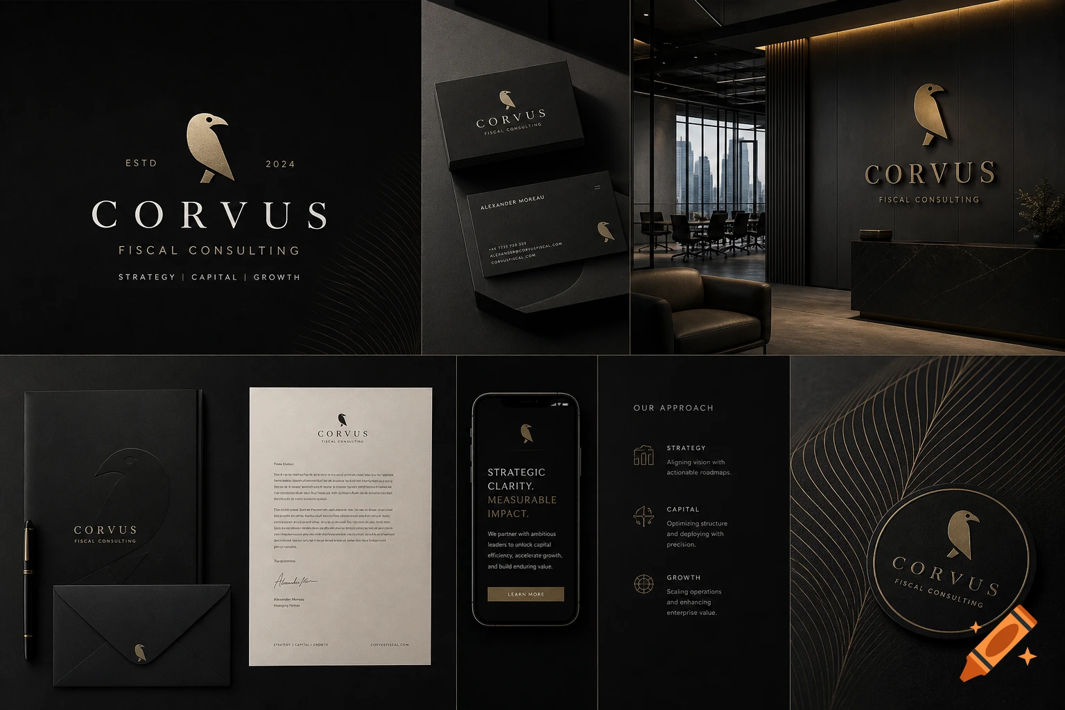 A collage of luxury corporate branding for Corvus Fiscal Consulting, featuring matte black and gold elements, business cards, letterheads, a phone screen, and a sleek office interior.