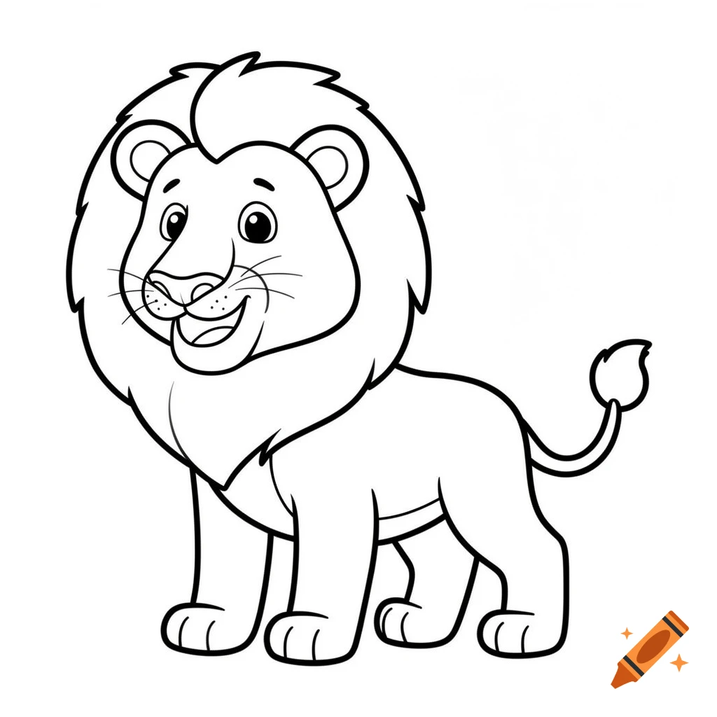 A friendly cartoon lion in a black and white outline drawing, smiling and standing.