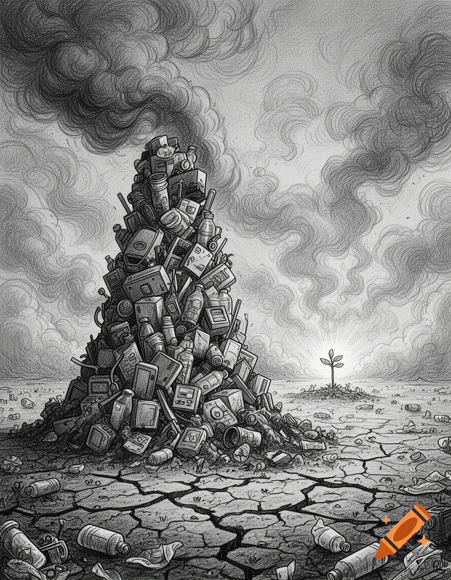 Pencil sketch of a huge trash pile emitting smoke on dry, cracked earth, with a small plant in the distance.