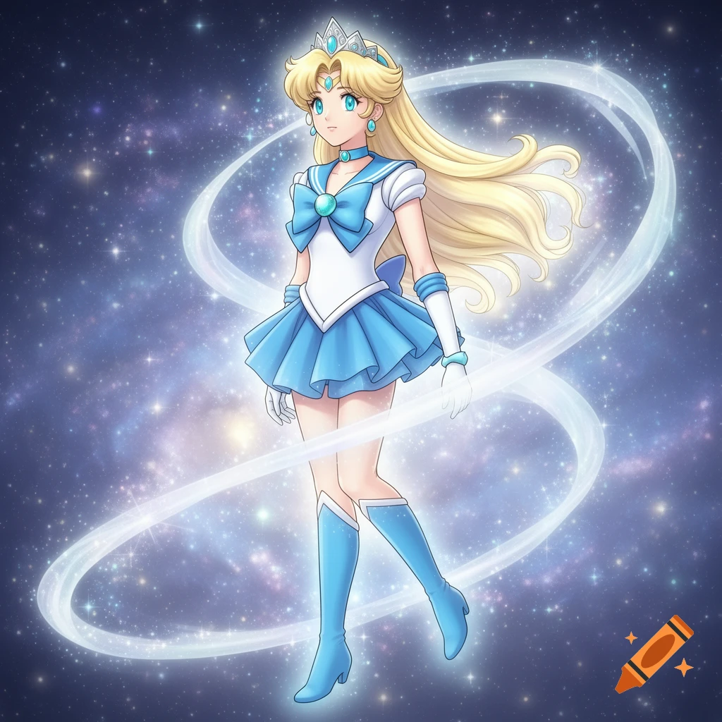 An anime girl resembling Rosalina in a blue and white Sailor Mercury costume, standing with glowing light trails against a starry galaxy background.