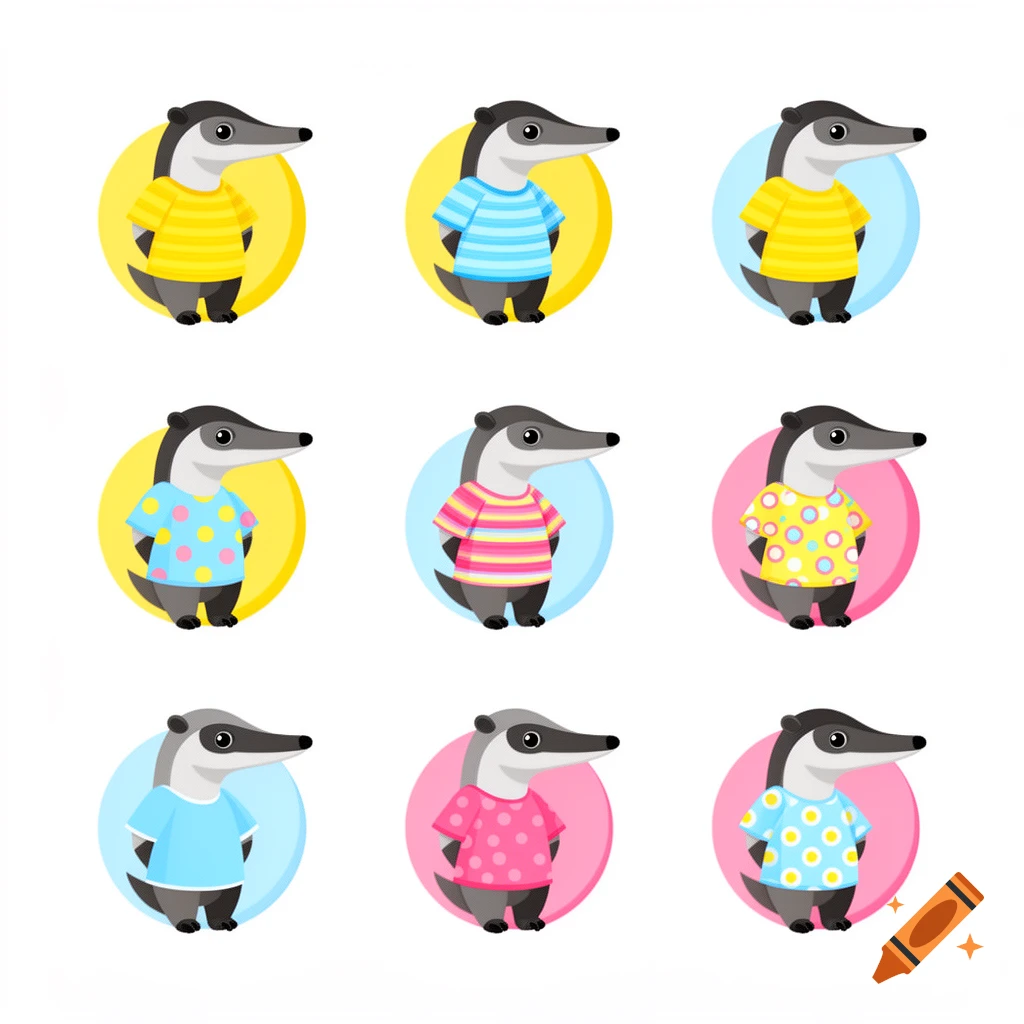 Nine cute cartoon badgers, each wearing a different colorful t-shirt, set against circular backgrounds.
