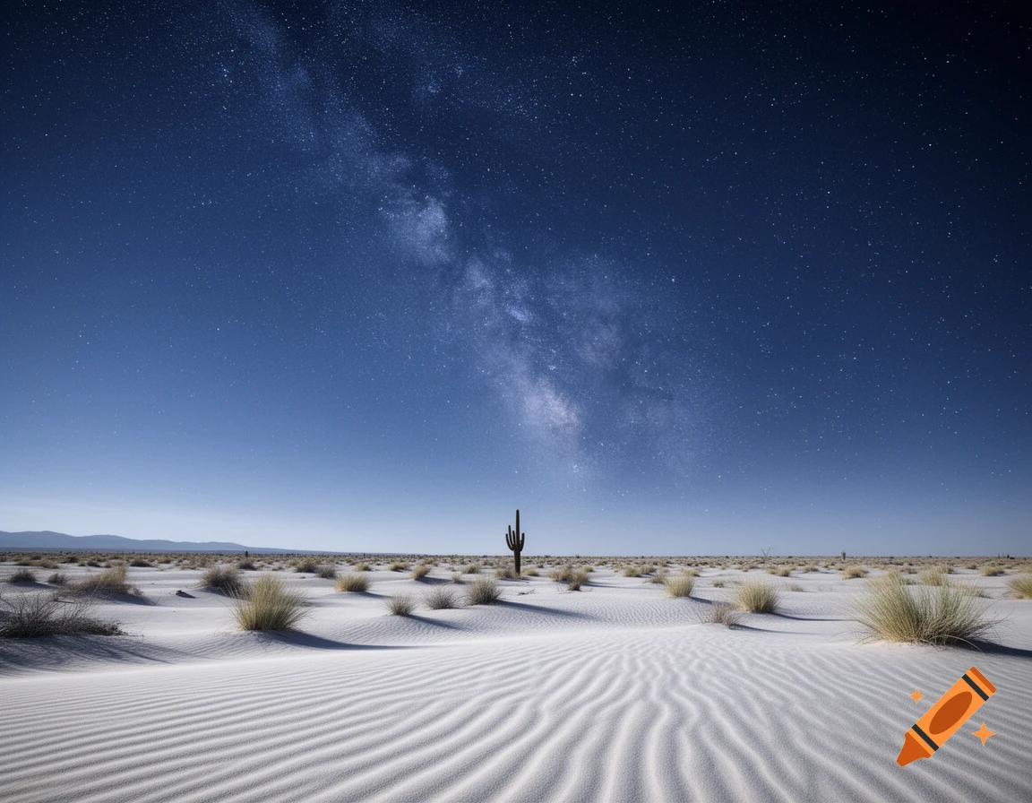 A photorealistic night landscape of a white sand desert with dunes, sparse brush, a saguaro cactus, and the Milky Way.