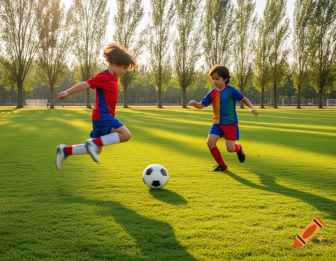 Two young boys play soccer on a vibrant green field, one leaping to kick the ball. Tall trees line the background under golden sunlight.