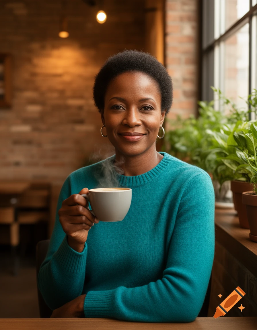 A smiling Black woman in a teal sweater sips steaming coffee in a cozy cafe.
