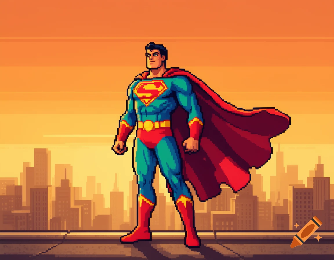 Pixel art depiction of Superman in his blue and red suit with a flowing red cape, standing on a city rooftop at sunset.
