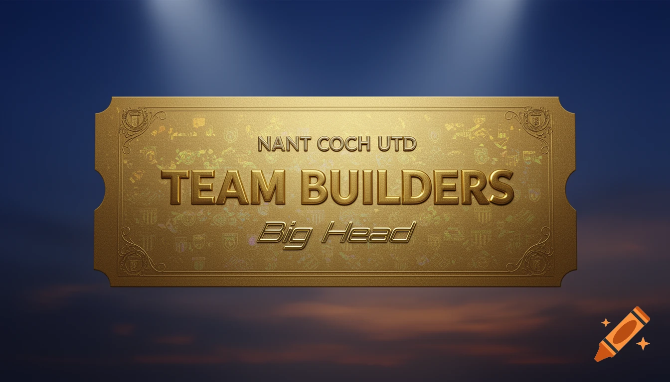 A shiny golden ticket against a blue and orange background. The ticket reads 'NANT COCH UTD', 'TEAM BUILDERS', and 'Big Head'.
