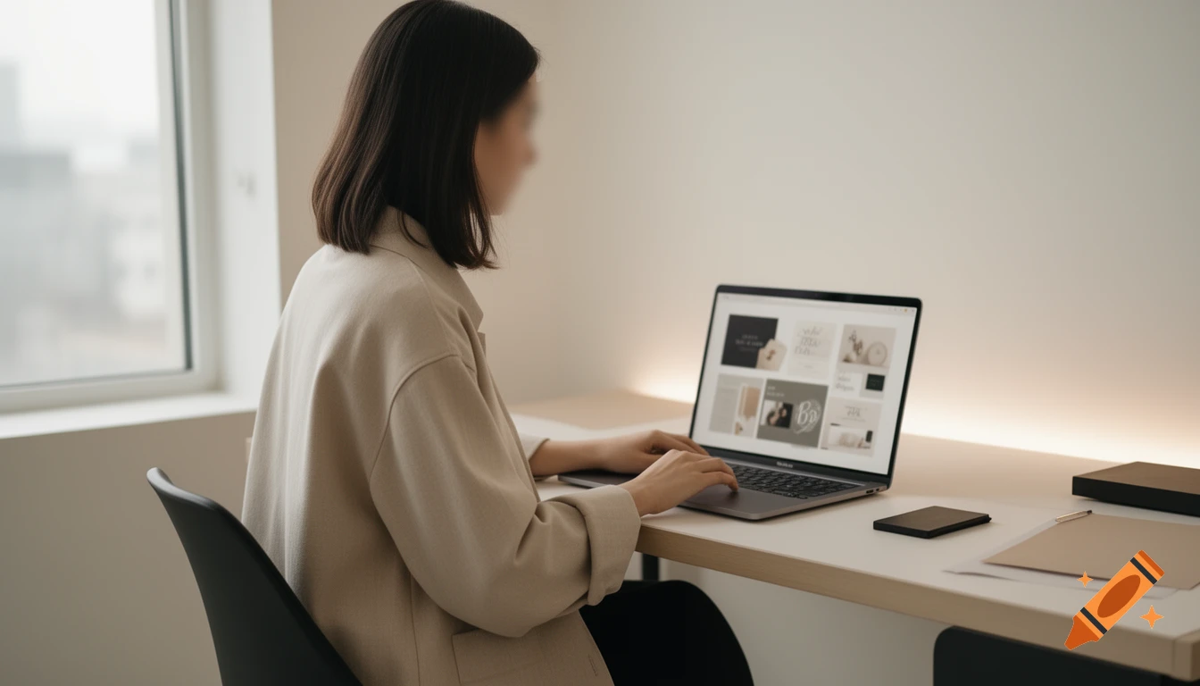 A woman with dark hair works on a laptop at a minimalist desk, displaying a branding moodboard. The bright office has a window and modern decor.