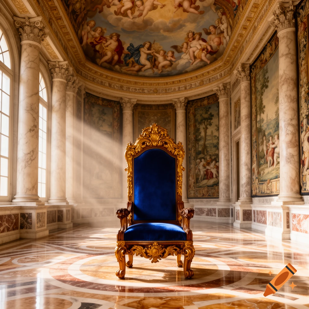An ornate gold and blue velvet throne stands centered in a grand Renaissance hall with marble columns, large windows, and a painted ceiling.