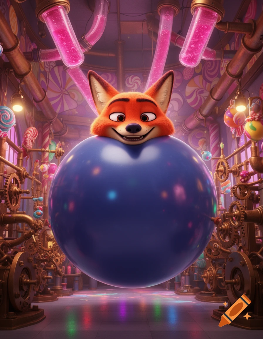 3D animated Nick Wilde from Zootopia, inflated like a giant blueberry, smiles in a candy factory machine room.