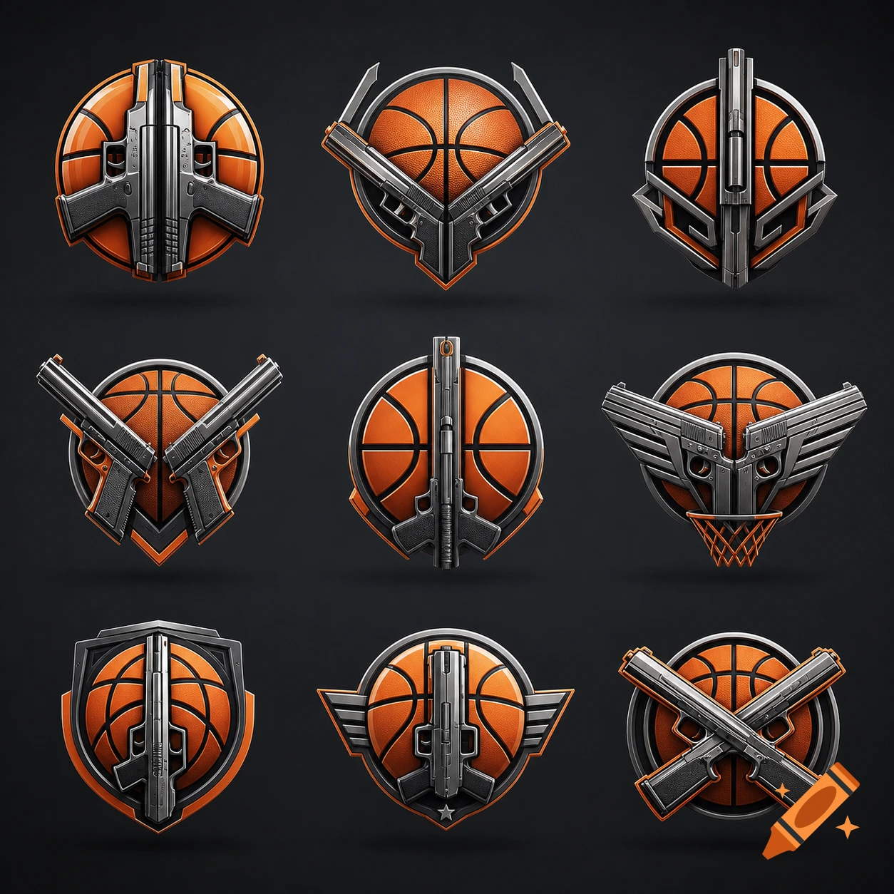 Nine stylized logos combining basketballs and various firearms against a dark background.